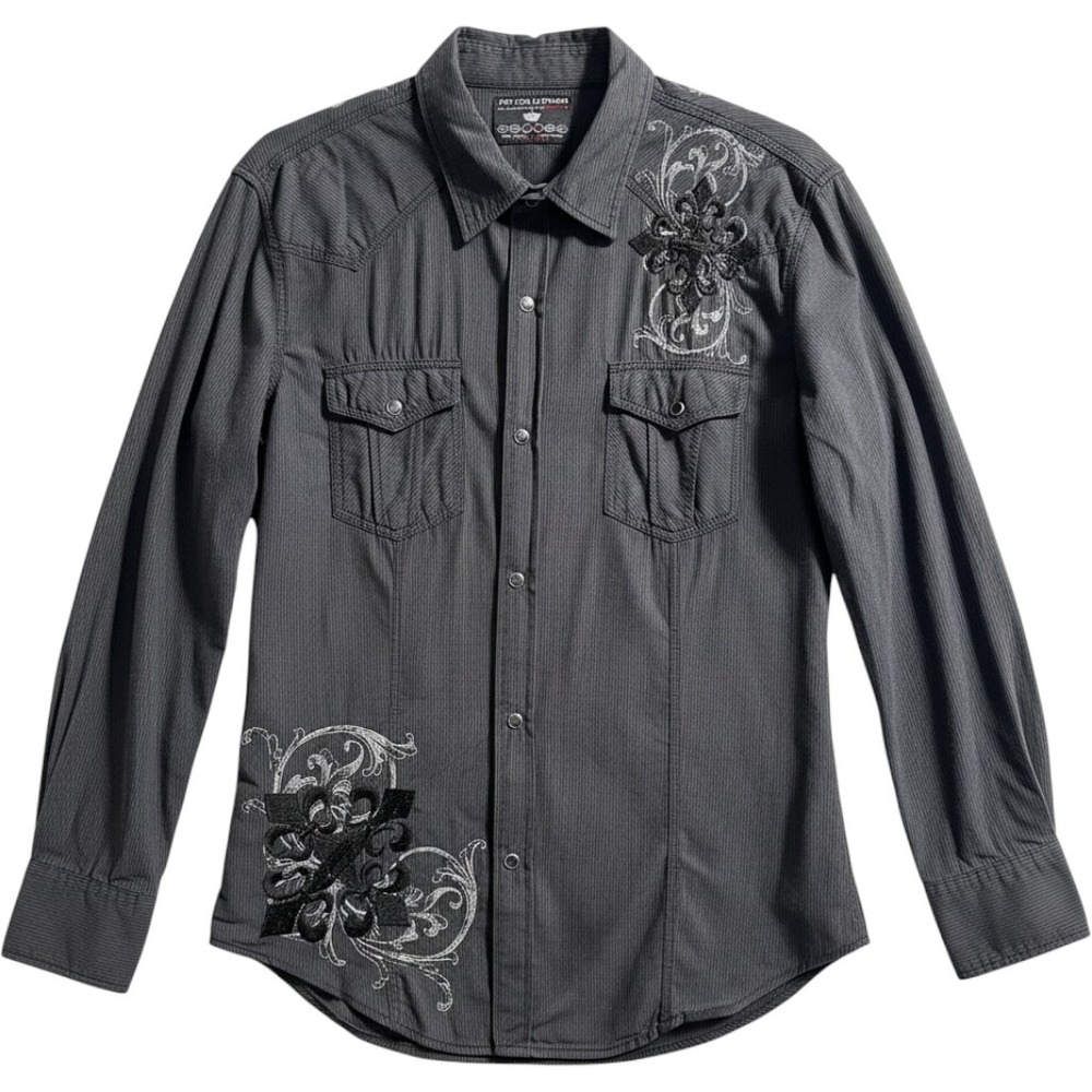 Pop Icon Clothing Buckle Mens XL Western Snap Shirt Grey Pinstripe Embroidered